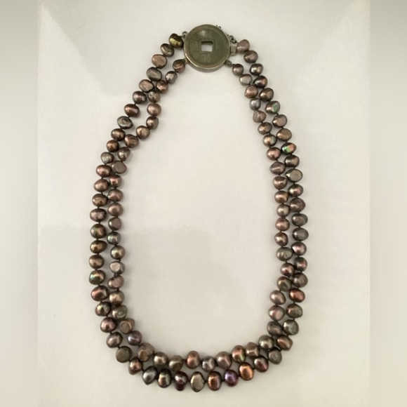Vintage 925 Asian coin clip clasp with chocolate Baroque Pearl 2 strand necklace